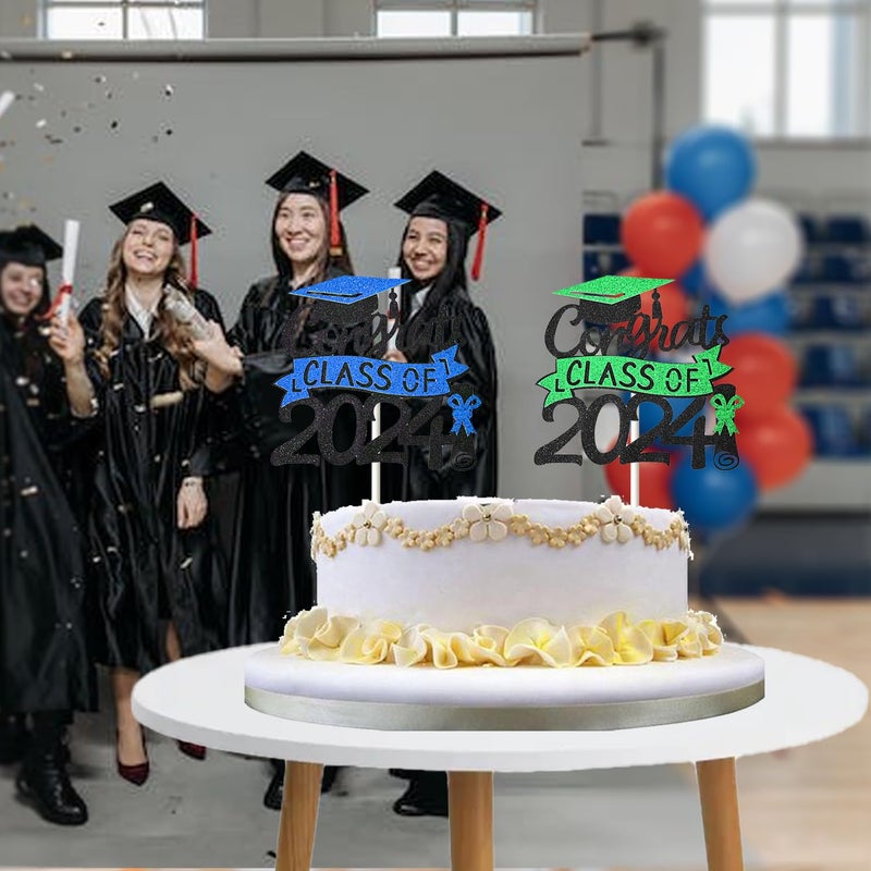 Chewarelly 1 Pack 2024 Class Of cake Topper  Glitter Congrats Grad Cake Decor  Graduation Cake Picks for Senior High School College Grad Party Decorations Supplies(Black with Silver) A - Image 4