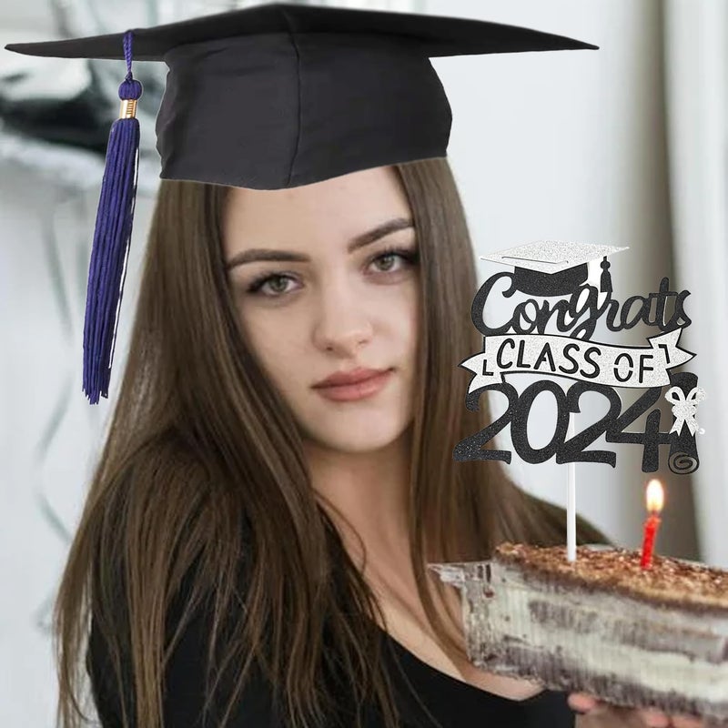 Chewarelly 1 Pack 2024 Class Of cake Topper  Glitter Congrats Grad Cake Decor  Graduation Cake Picks for Senior High School College Grad Party Decorations Supplies(Black with Silver) A - Image 3