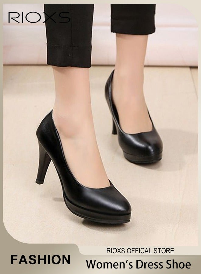 Women's Heeled Shoe, Round Closed Toe Chunky Heels For Women, Comfortable Block Dress Shoes With 6cm High Heel, Ladies Platform High Heels Pumps Shoes,Classic Heeled Shoes For Wedding Party Prom Or Office Work Business Formal Occasions - Image 1