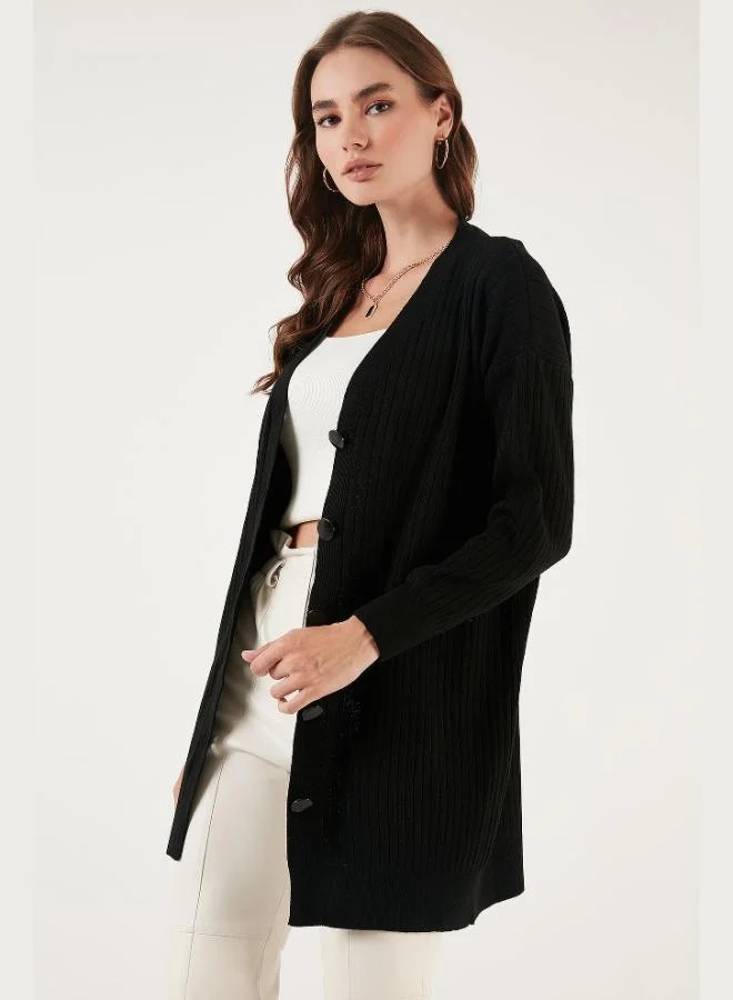 ليلا كارديجان طويل محبوك بياقة على شكل حرف  وأزرار للنساء