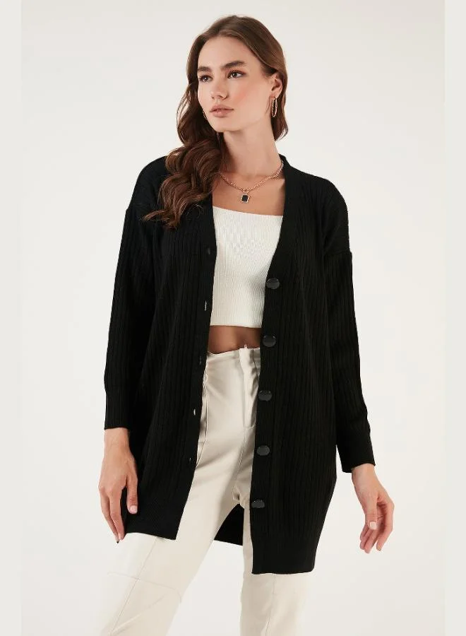 ليلا كارديجان طويل محبوك بياقة على شكل حرف  وأزرار للنساء