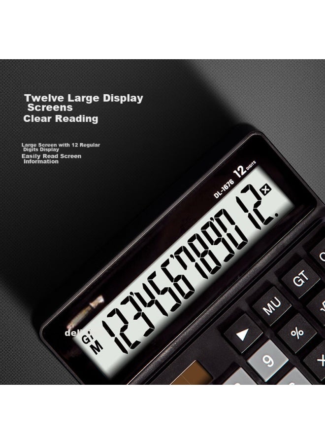 ديلي Deli Dual Power Desktop Calculator، حاسبة مالية بشاشة عريضة 12 رقمًا، أسود 1676 - Image 2