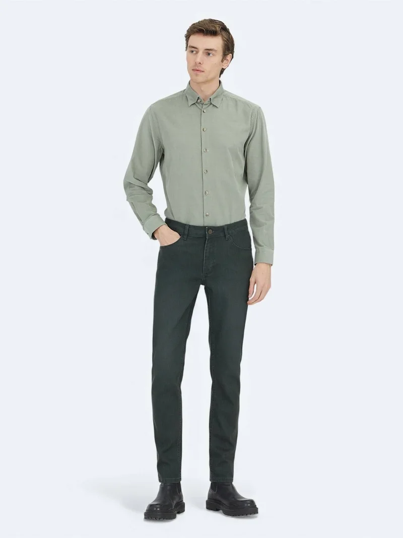 Kip Khaki Slim Fit Denim Cotton Blended Trousers