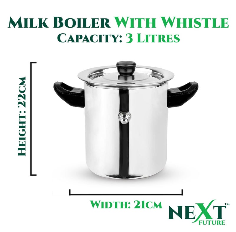 Next Future Next Future 3 Litre Premium Heavy Weight Stainless Steel Milk Boiler Milk Cooker with Handle Steel Milk Pot with Lid and Whistle Indicator 3 litres - Image 2