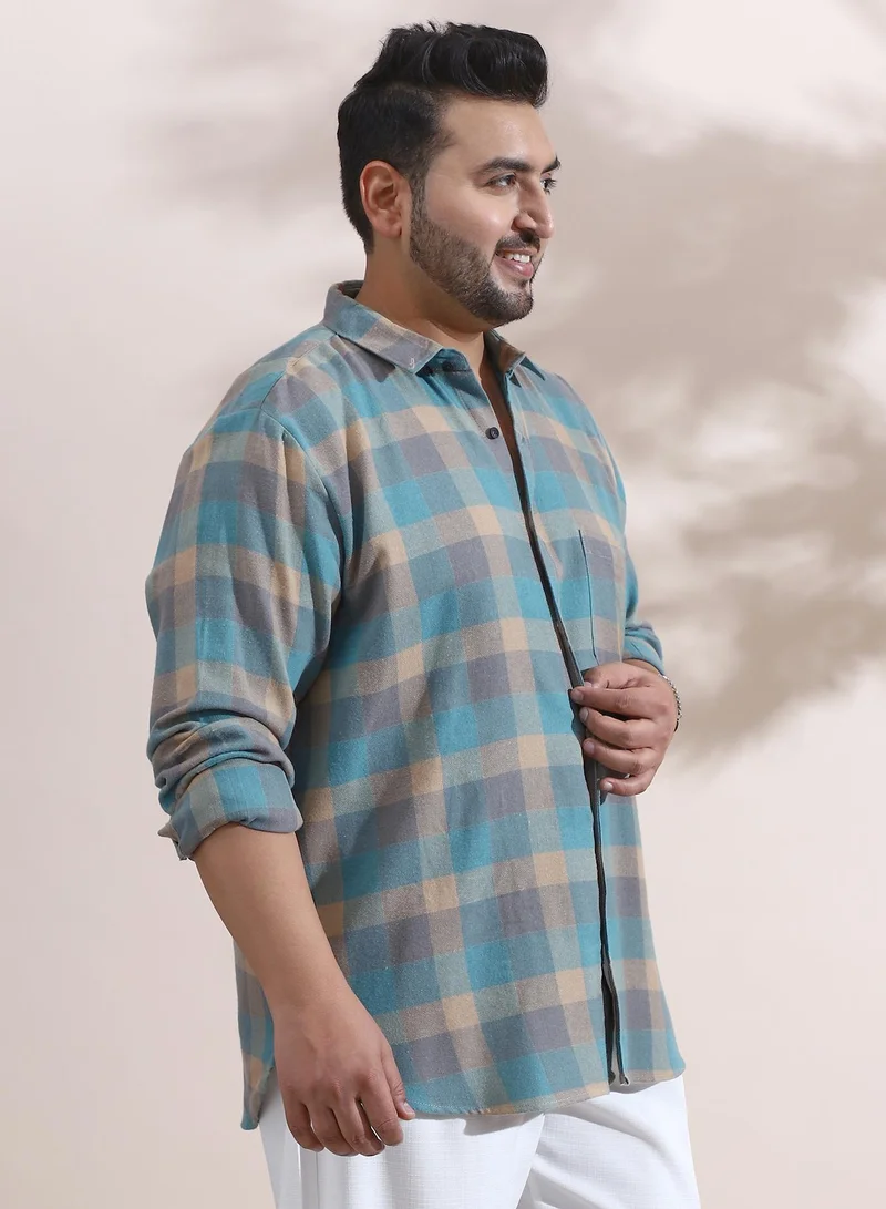 Instafab Plus Instafab Plus Men's Blue & Beige Block-Buffalo Regular Shirt For Casual Wear | Spread Collar | Long Cuffed Sleeves | Button Closure | Plus Size Shirt Crafted With Comfort Fit For Everyday Wear