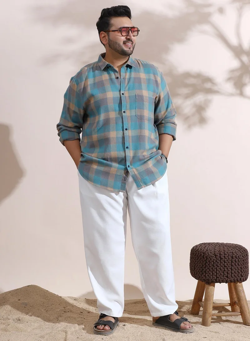 Instafab Plus Instafab Plus Men's Blue & Beige Block-Buffalo Regular Shirt For Casual Wear | Spread Collar | Long Cuffed Sleeves | Button Closure | Plus Size Shirt Crafted With Comfort Fit For Everyday Wear