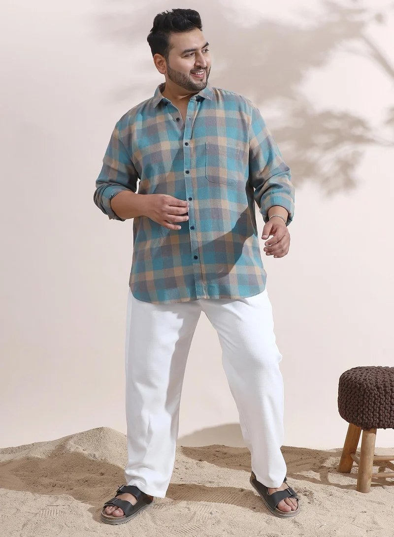 Instafab Plus Instafab Plus Men's Blue & Beige Block-Buffalo Regular Shirt For Casual Wear | Spread Collar | Long Cuffed Sleeves | Button Closure | Plus Size Shirt Crafted With Comfort Fit For Everyday Wear
