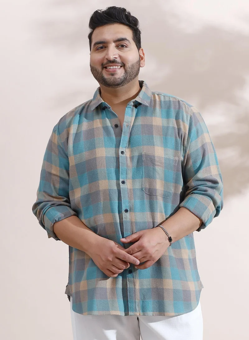 Instafab Plus Instafab Plus Men's Blue & Beige Block-Buffalo Regular Shirt For Casual Wear | Spread Collar | Long Cuffed Sleeves | Button Closure | Plus Size Shirt Crafted With Comfort Fit For Everyday Wear