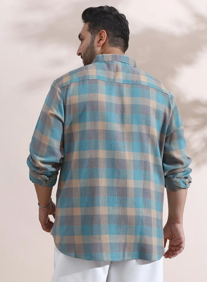 Instafab Plus Instafab Plus Men's Blue & Beige Block-Buffalo Regular Shirt For Casual Wear | Spread Collar | Long Cuffed Sleeves | Button Closure | Plus Size Shirt Crafted With Comfort Fit For Everyday Wear