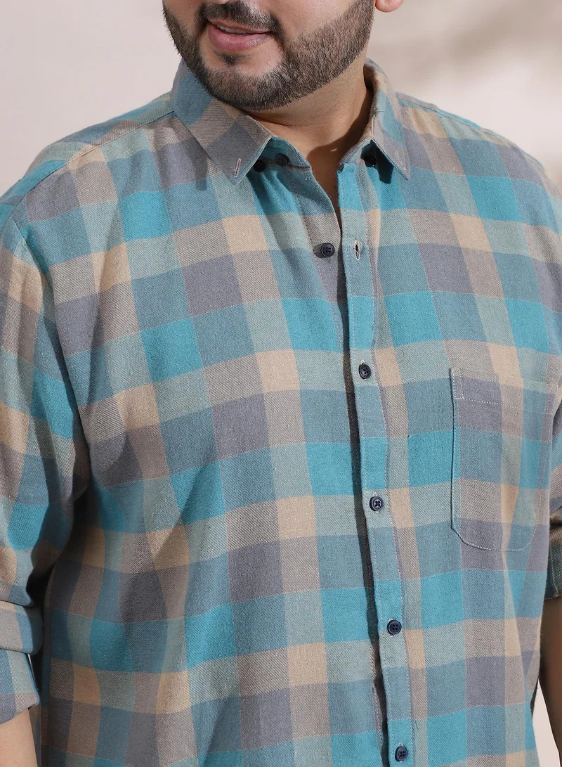Instafab Plus Instafab Plus Men's Blue & Beige Block-Buffalo Regular Shirt For Casual Wear | Spread Collar | Long Cuffed Sleeves | Button Closure | Plus Size Shirt Crafted With Comfort Fit For Everyday Wear