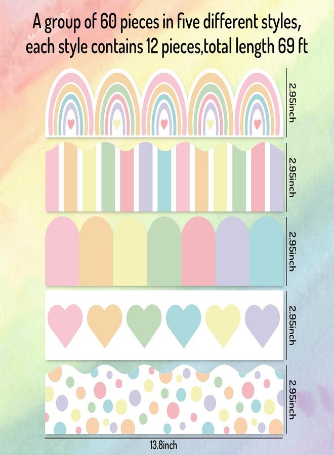 Whaline 60Pcs Pastel Bulletin Board Border Colorful Rainbow Heart Dot Stripe Decorative Adhesive Scalloped Borders for Back to Shool Home Classroom Party Decor, 70Ft - Image 2