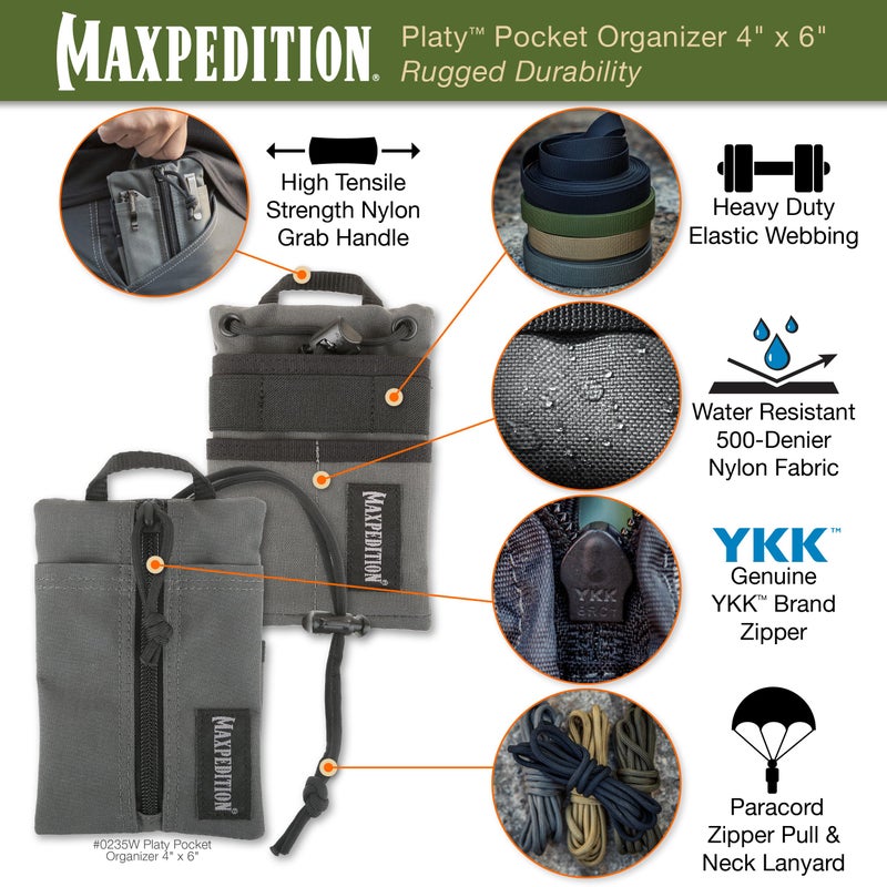 MAXPEDITION Platy Pocket Organizer, Durable EDC Tool Pouch for Men, Neck Wallet with Paracord Lanyard, Holds Flashlight, Multitool, Pen, Notebook (Wolf Gray, 4" x 6") - Image 3