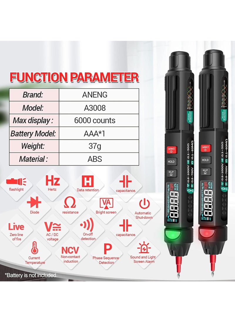 A3008 Pen Multimeter 6000 Counts Digital Multimeter Meter Tester with LCD Display Backlight Flashlight NCV Auto-off Multiple Accessories for Voltage Current Resistance Capacitance Diode - Image 3