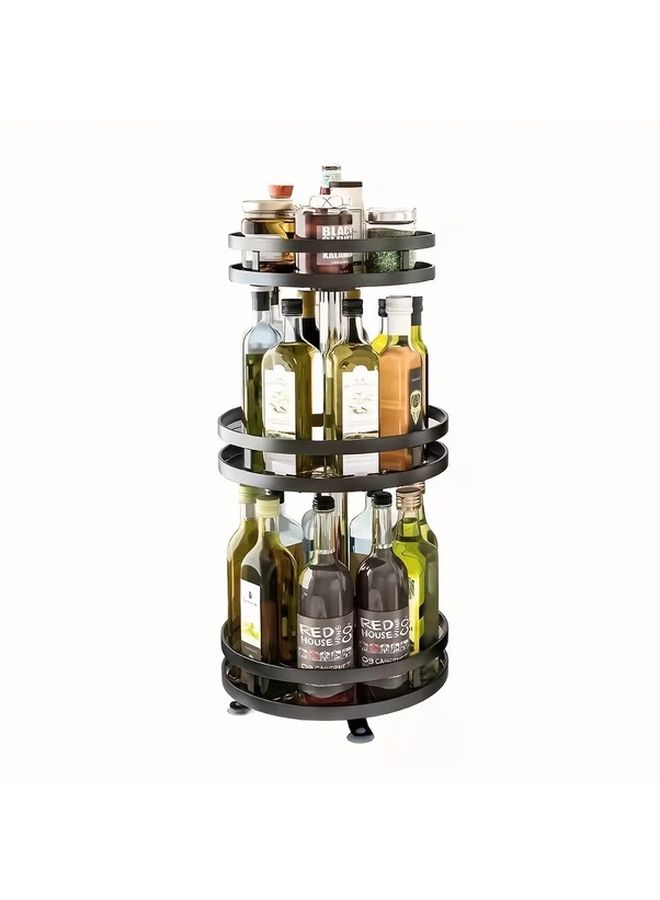 Black 3 Tier Rotating Spice Rack Organizer Adjustable Height Detachable Containers - Image 1