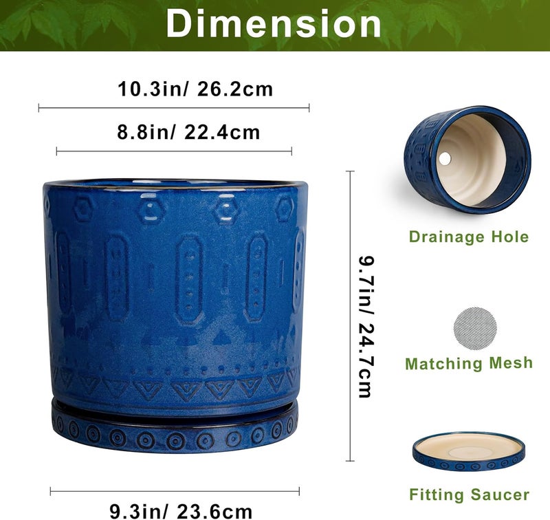 Eightpot 10 Inch Plant Pot - Ceramic Planter Outdoor Plant Pot Indoor with Drainage Holes and Saucer Large Flower Pot Round Decorative Planter for Garden Patio Decor Blue - Image 3