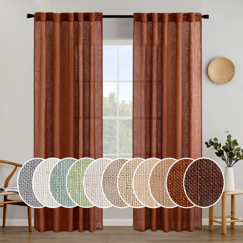 MIULEE Burnt Orange Linen Curtains 84 Inch Length for Bedroom Living Room Soft Thick Linen Textured Window Drapes Terracotta Rust Boho Fall Decor Semi Sheer Light Filtering Back Tab 2 Panels