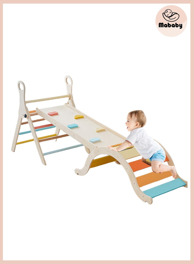 ما بيبي مجموعة مثلثات الباستيل بيكلر ٥ في ١ - صالة ألعاب رياضية خشبية قابلة للطي للتسلق للأطفال الصغار مع منحدر وقوس وكرسي هزاز ومكعبات تسلق | مركز أنشطة داخلي للأطفال لتنمية المهارات الحركية (من سنة إلى أربع سنوات) - Image 1