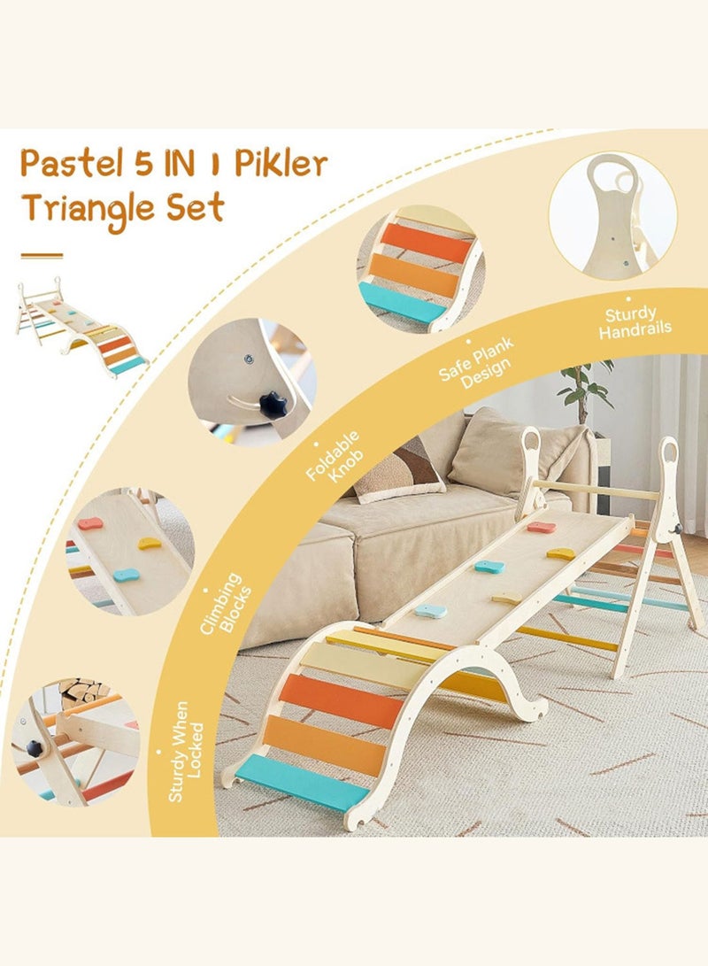ما بيبي مجموعة مثلثات الباستيل بيكلر ٥ في ١ - صالة ألعاب رياضية خشبية قابلة للطي للتسلق للأطفال الصغار مع منحدر وقوس وكرسي هزاز ومكعبات تسلق | مركز أنشطة داخلي للأطفال لتنمية المهارات الحركية (من سنة إلى أربع سنوات) - Image 4