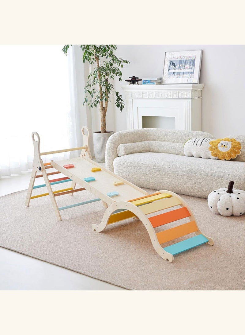 ما بيبي مجموعة مثلثات الباستيل بيكلر ٥ في ١ - صالة ألعاب رياضية خشبية قابلة للطي للتسلق للأطفال الصغار مع منحدر وقوس وكرسي هزاز ومكعبات تسلق | مركز أنشطة داخلي للأطفال لتنمية المهارات الحركية (من سنة إلى أربع سنوات) - Image 3