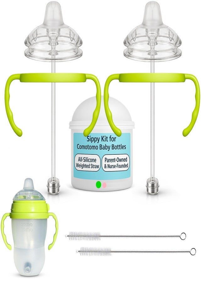 BelBeyo Sippy Cup Conversion Kit for Comotomo Baby Bottles 2-Count, Food Grade Silicone Spout Nipples, All Silicone Weighted Straw, Bottle Handles, Cleaning Brush, BPA-Free, 4+ Months (Sippy Spout, Green) - Image 1