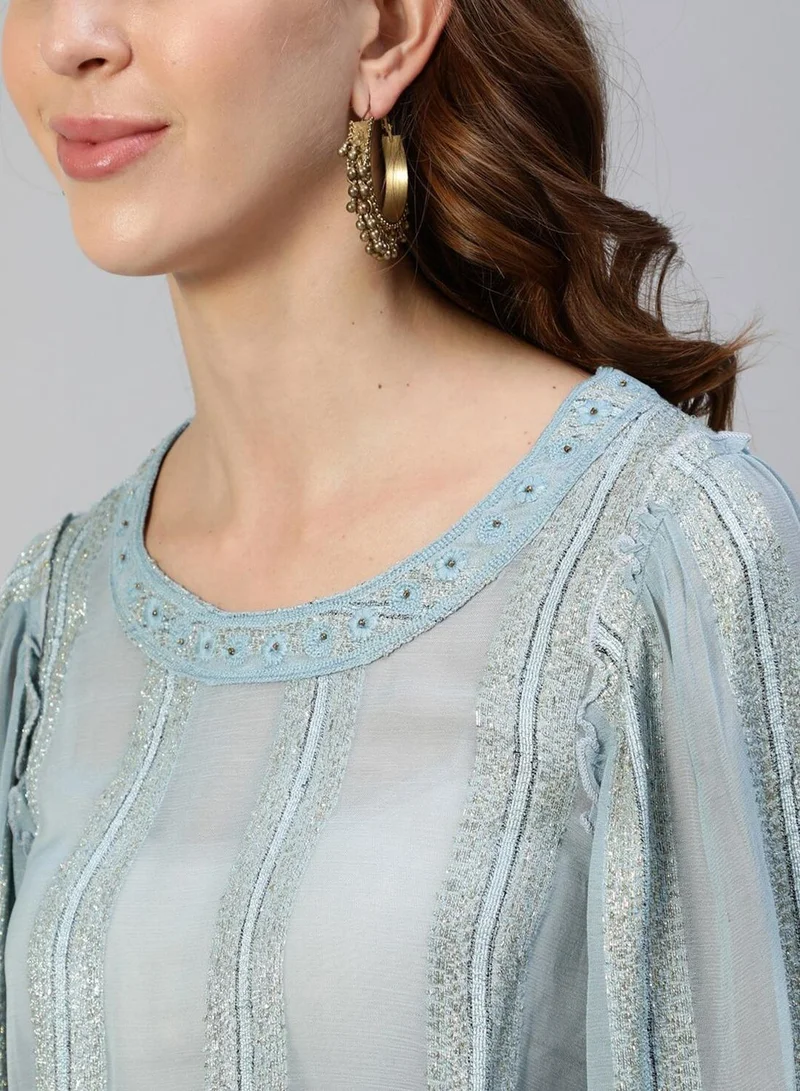 آي شين Regular Fit Three-Quarter Sleeve Printed Blue Cotton Woven Crop Top For Women Flat Collar Perfect For Wedding And Engagement Pull On Closure