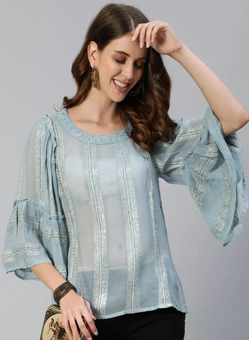 Regular Fit Three-Quarter Sleeve Printed Blue Cotton Woven Crop Top For Women Flat Collar Perfect For Wedding And Engagement Pull On Closure