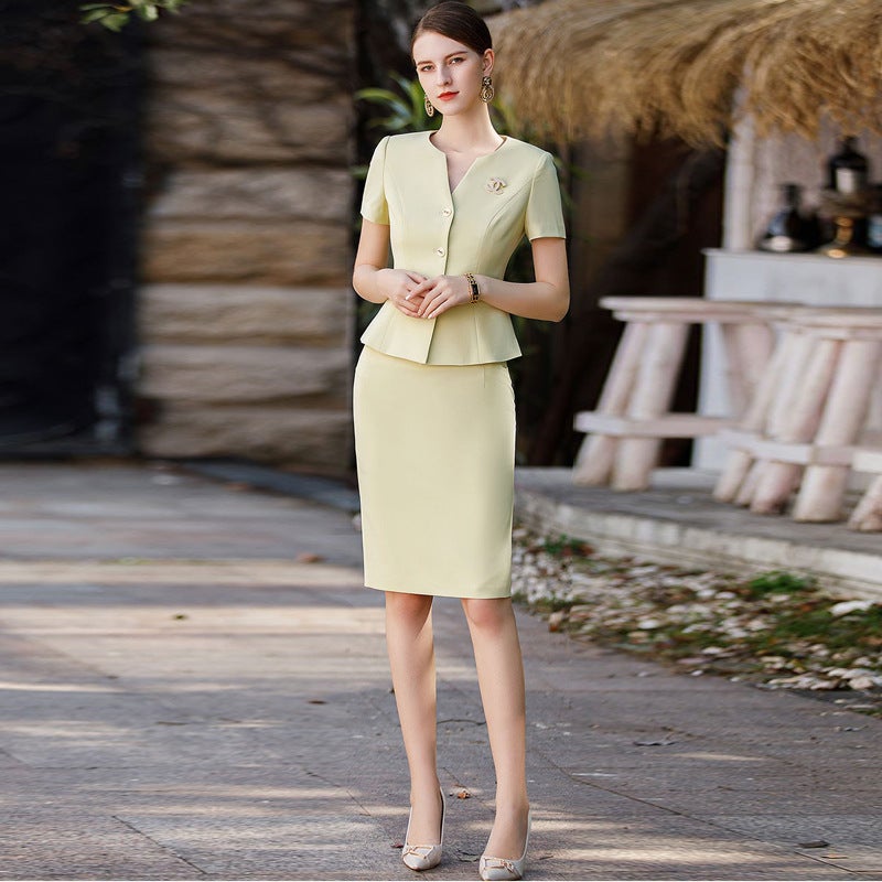 Summer Short Sleeve Chic Womens Waist-Cinching Suit Skirt Set Yellow skirt - Image 4