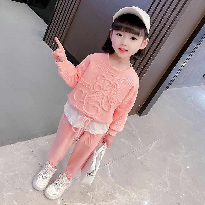 Childrens Clothing Girls Autumn Clothing Childrens suit Long-sleeved Sweatshirt Casual Pants Baby Girls Sportswear Two-piece Set Pink (set) 