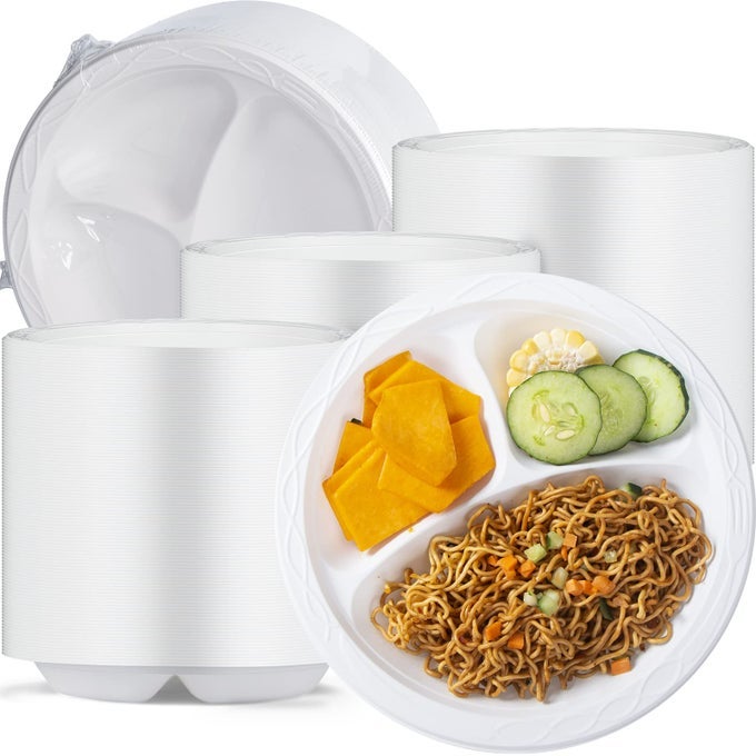 WHITE PLASTIC PLATES 9 INCH 3 COMPARTMENTS 150 PACK FOOD GRADE MATERIAL BPA FREE REUSABLE MFPP DINNER PLATE