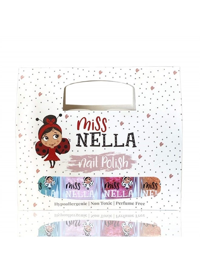 Miss Nella MAGIC COLLECTION Glitter Nail Polish for kids, set of 4: ABRACADABRA (pink), SHAZAM (red), OPEN, SESAME (gold) & BIBIDI BOBIDI BOO (blue silver) Peel- Off nail varnish for toddlers - Image 1