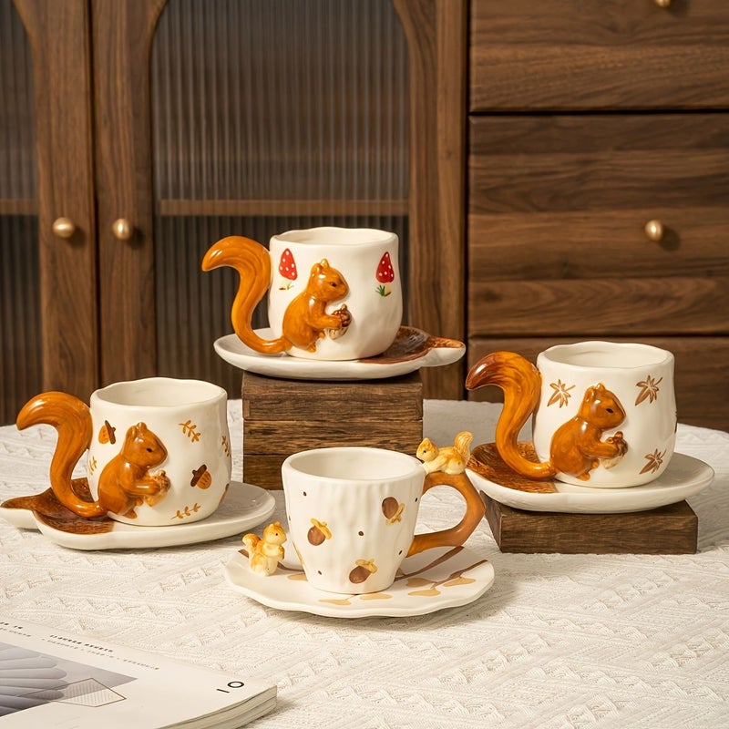 Hand-pinched Ceramic Mugs with Embossed Squirrel Tails Maple Leaf Design for Coffee or Milk Home Office - Image 1