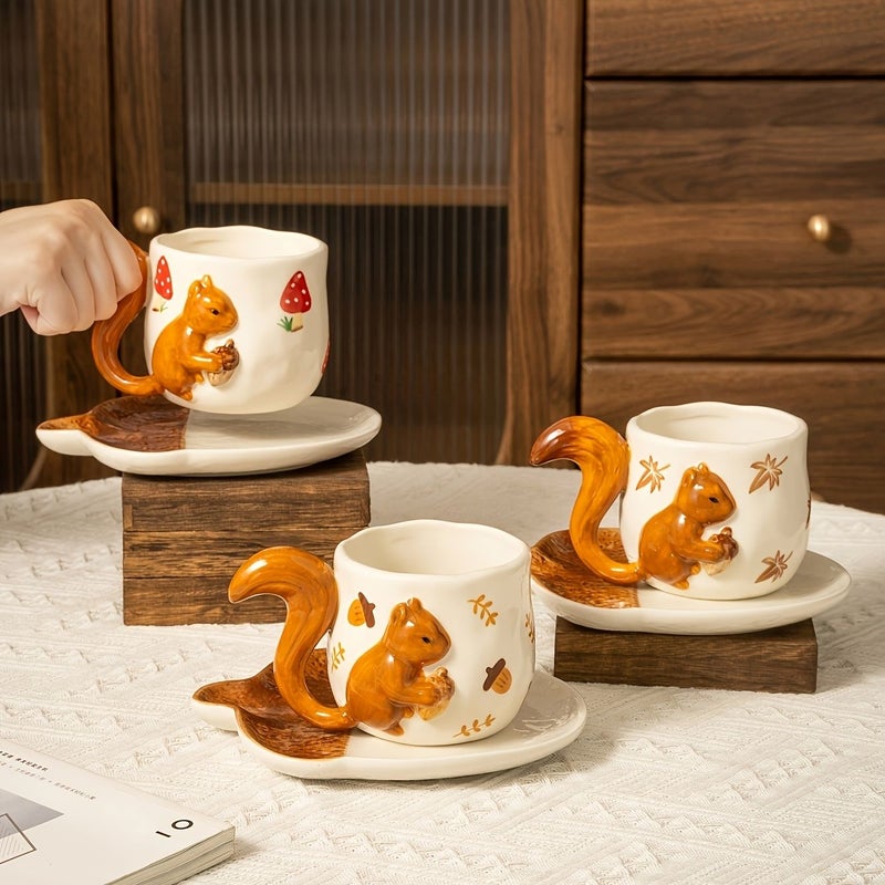 Hand-pinched Ceramic Mugs with Embossed Squirrel Tails Maple Leaf Design for Coffee or Milk Home Office - Image 2