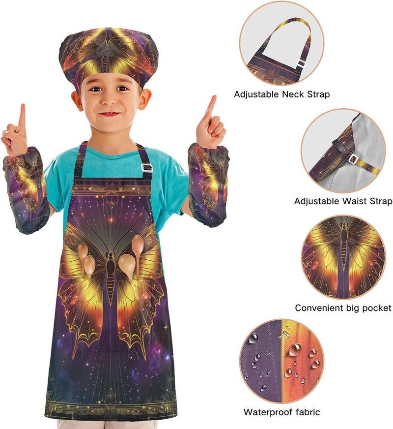 Kids Chef Set Multi-use Butterfly Tarot Kids Apron Chef Hat Set for Children 3-12 Years Old - Image 4