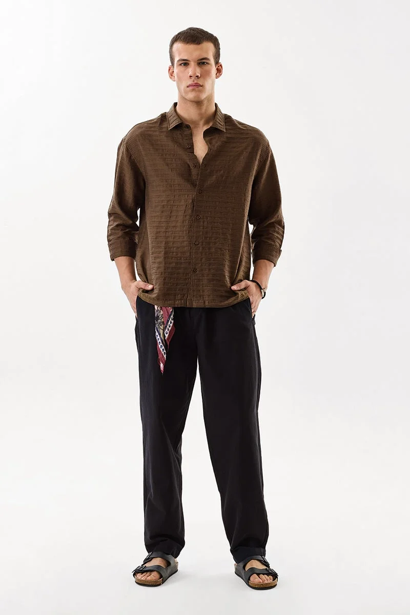 سنيتش Brown Textured Long Sleeve Regular Fit Shirt