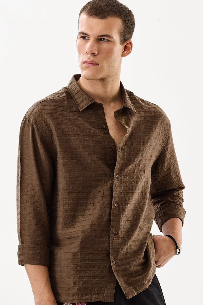 سنيتش Brown Textured Long Sleeve Regular Fit Shirt