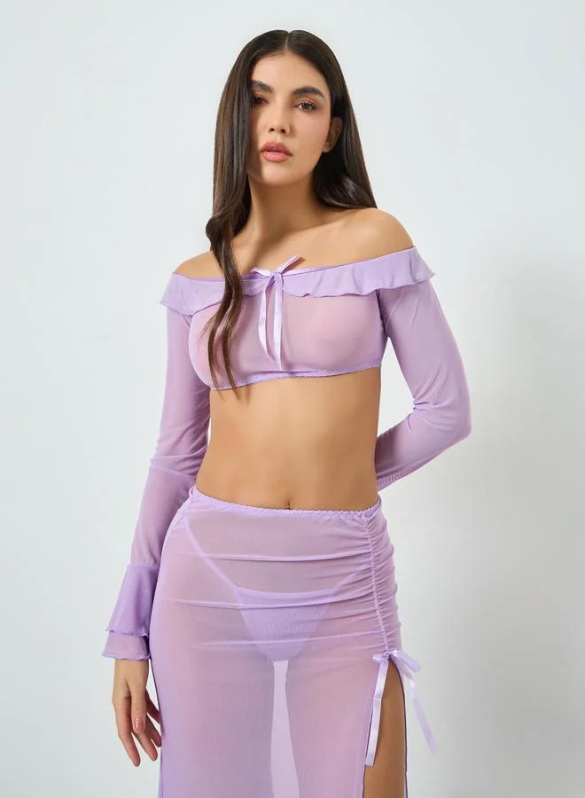 Take Two Purple Mesh Top with Slit Cut Skirt and Brief Set