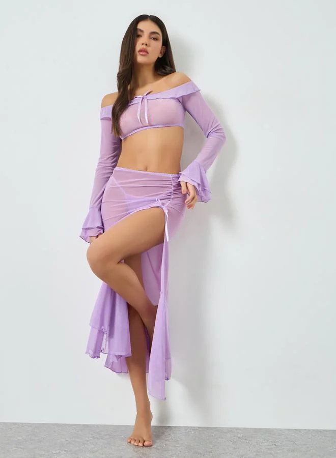 Take Two Purple Mesh Top with Slit Cut Skirt and Brief Set