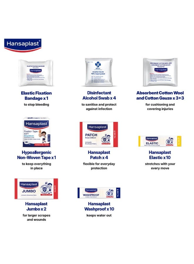 Hansaplast Fast Aid Kit | Emergency Medical Kit for Home, Office, Travel, Car, Sports, Outdoor | Multi-Use Pack for Cuts, Wounds & Injuries | Lightweight & Compact | 9 Items - 38 Pieces - Image 4