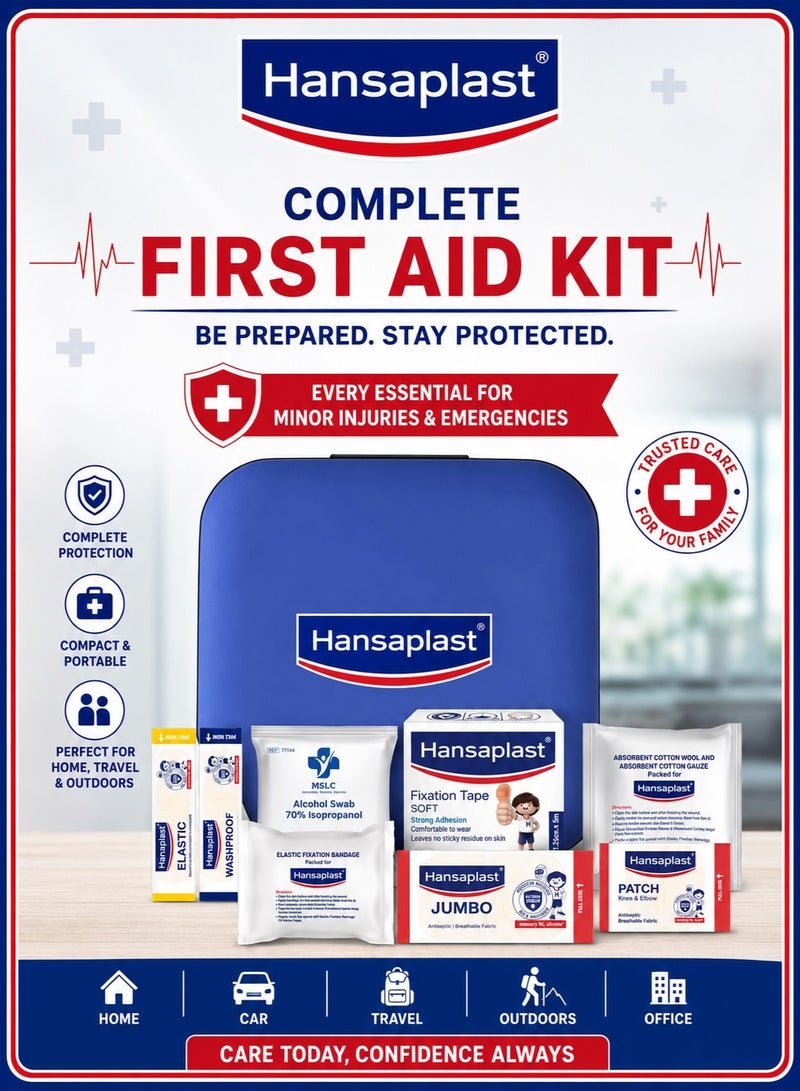 Hansaplast Fast Aid Kit | Emergency Medical Kit for Home, Office, Travel, Car, Sports, Outdoor | Multi-Use Pack for Cuts, Wounds & Injuries | Lightweight & Compact | 9 Items - 38 Pieces - Image 1