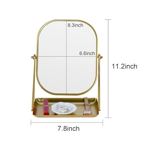 Tstarer 360 Degrees Rotating Metal Makeup Mirror with Storage, Vanity Mirror for Desk, Bathroom, Bedroom, Dressing Table (Gold) - Image 2
