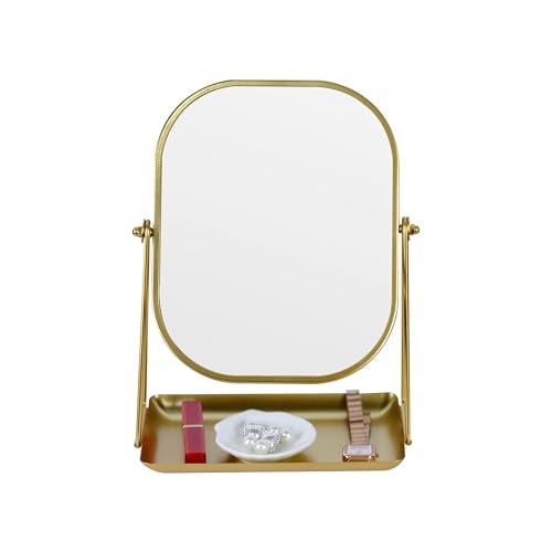 Tstarer 360 Degrees Rotating Metal Makeup Mirror with Storage, Vanity Mirror for Desk, Bathroom, Bedroom, Dressing Table (Gold) - Image 1