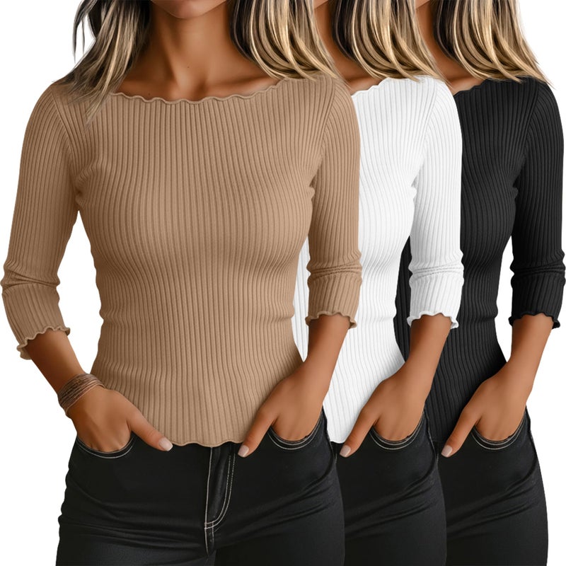 Riyiper 3 Pack Women's 3/4 Length Sleeve Tops Lettuce Trim Ribbed Boat Neck Shirts Half Slim Casual Basic Fitted Tees(Black, White, Khaki,X-Large) - Image 1