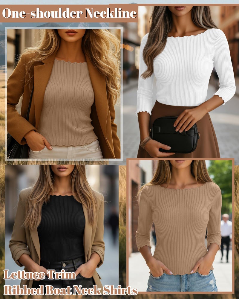 Riyiper 3 Pack Women's 3/4 Length Sleeve Tops Lettuce Trim Ribbed Boat Neck Shirts Half Slim Casual Basic Fitted Tees(Black, White, Khaki,X-Large) - Image 3