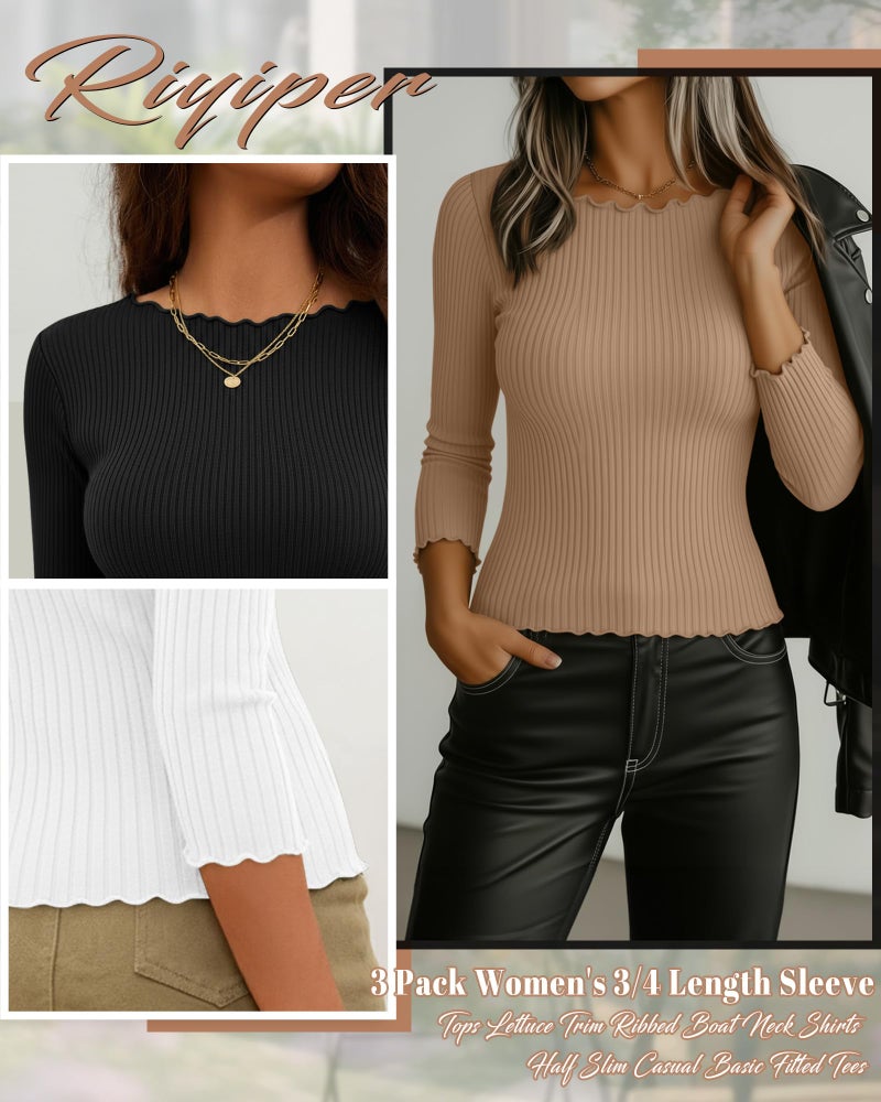 Riyiper 3 Pack Women's 3/4 Length Sleeve Tops Lettuce Trim Ribbed Boat Neck Shirts Half Slim Casual Basic Fitted Tees(Black, White, Khaki,X-Large) - Image 5