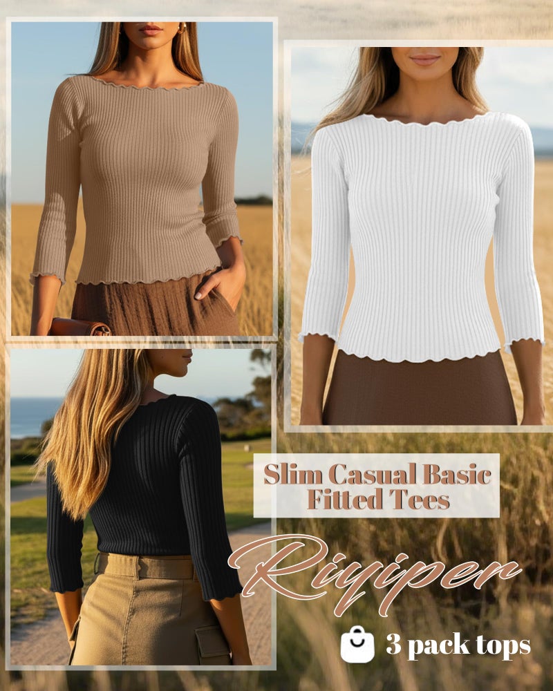 Riyiper 3 Pack Women's 3/4 Length Sleeve Tops Lettuce Trim Ribbed Boat Neck Shirts Half Slim Casual Basic Fitted Tees(Black, White, Khaki,X-Large) - Image 2