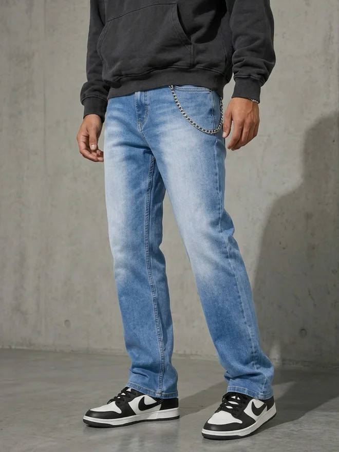 Styli Light Blue Men Washed Tapered Fit Faded Jeans for Men | Best Price UAE