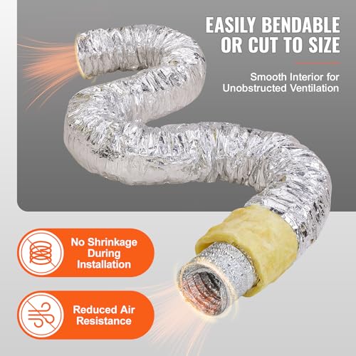 VEVOR 6 Inch Insulated Flexible Duct R-4.2，25 Feet Long with 2 Duct Clamps, Heavy-Duty Three Layer Protection Air Ducting Hose for HVAC Heating Cooling Ventilation and Exhaust Ductwork Insulation - Image 4