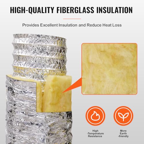 VEVOR 6 Inch Insulated Flexible Duct R-4.2，25 Feet Long with 2 Duct Clamps, Heavy-Duty Three Layer Protection Air Ducting Hose for HVAC Heating Cooling Ventilation and Exhaust Ductwork Insulation - Image 2