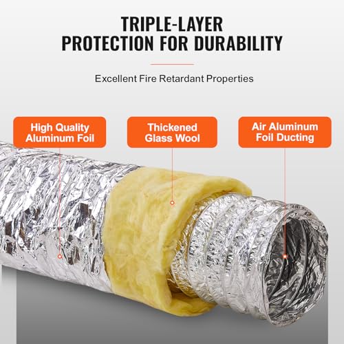 VEVOR 6 Inch Insulated Flexible Duct R-4.2，25 Feet Long with 2 Duct Clamps, Heavy-Duty Three Layer Protection Air Ducting Hose for HVAC Heating Cooling Ventilation and Exhaust Ductwork Insulation - Image 3