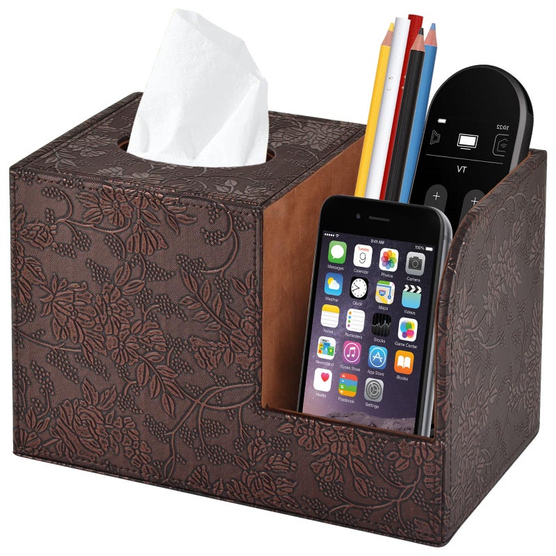 PU Leather Tissue Box Cover Square Tissue Holder Tissues Box Organizer with 2 CompartmentRemote Control HolderMultifunctional Decorative Tissue Box Covers CubeHome Office Desktop Storage BoxRetro